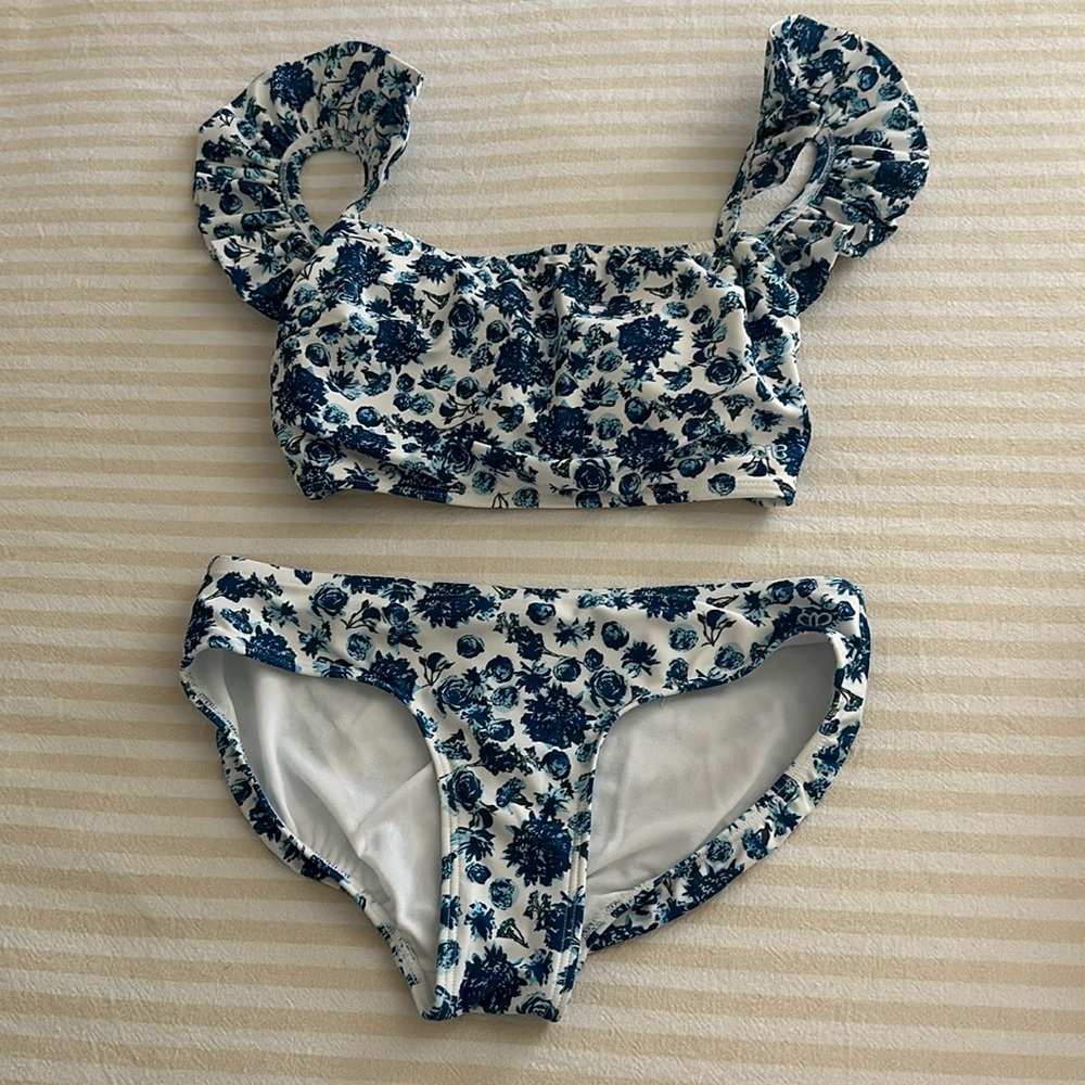 Blue and white floral print bikini